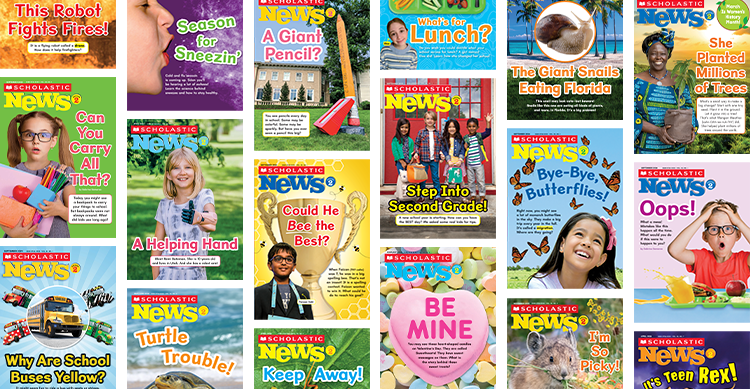 Collage of Scholastic News magazine covers on a variety of topics for young readers