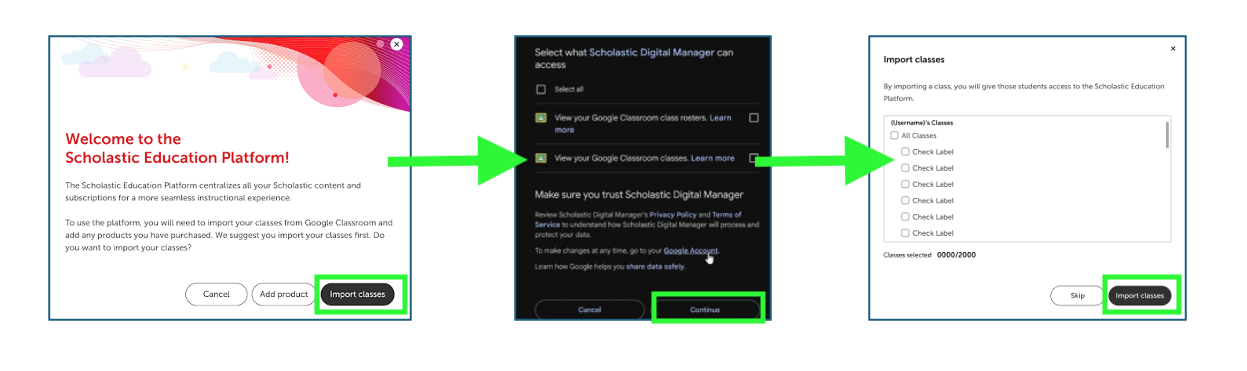 Three screenshots show the steps to import classes into the Scholastic Education Platform