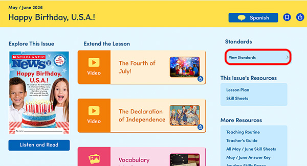 A Scholastic News teacher dashboard for the Happy Birthday, U.S.A. May/June 2026 issue
